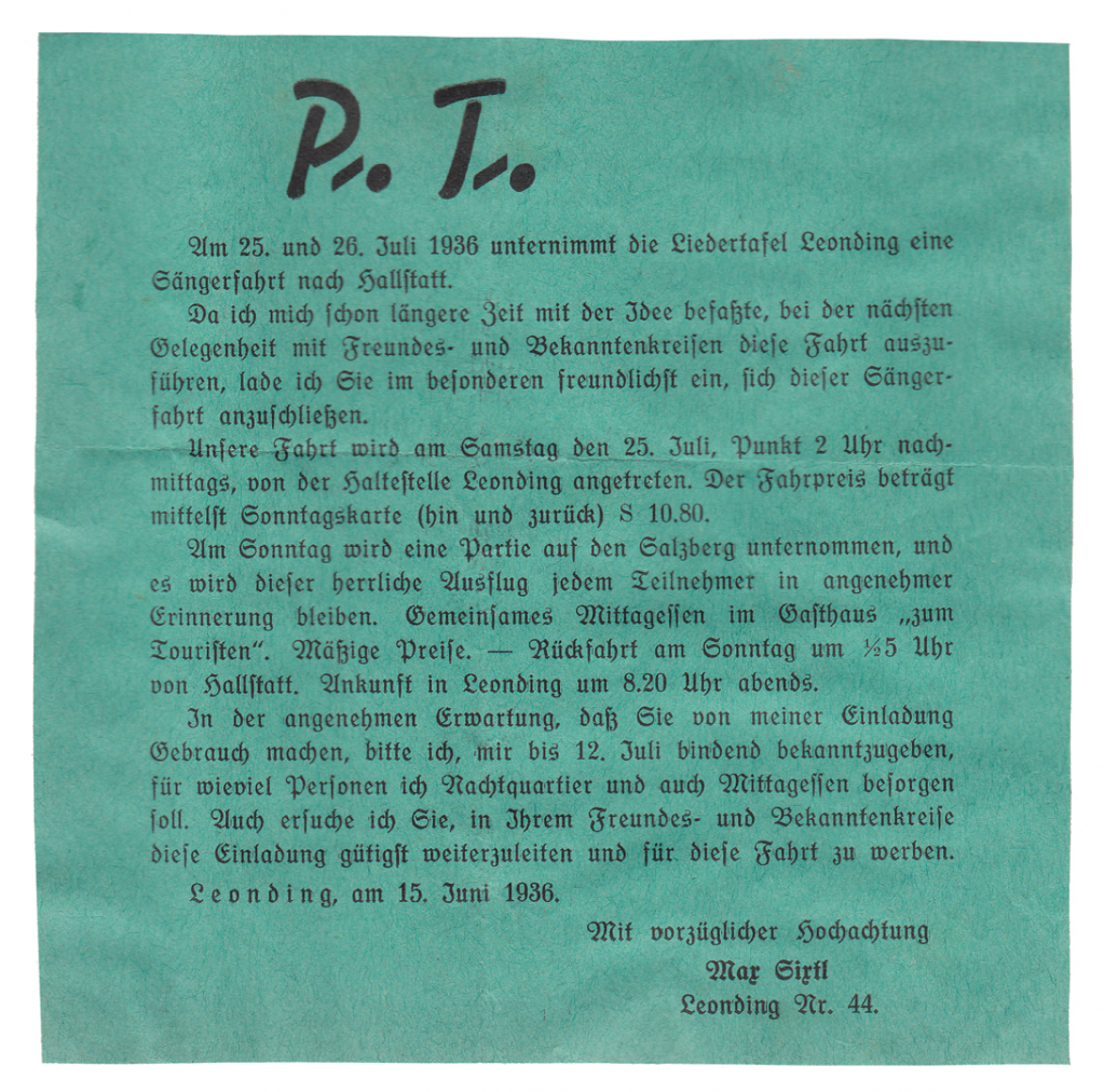 Einladung von Max Sixtl an die Leondinger, sich dieser Sängerfahrt anzuschließen